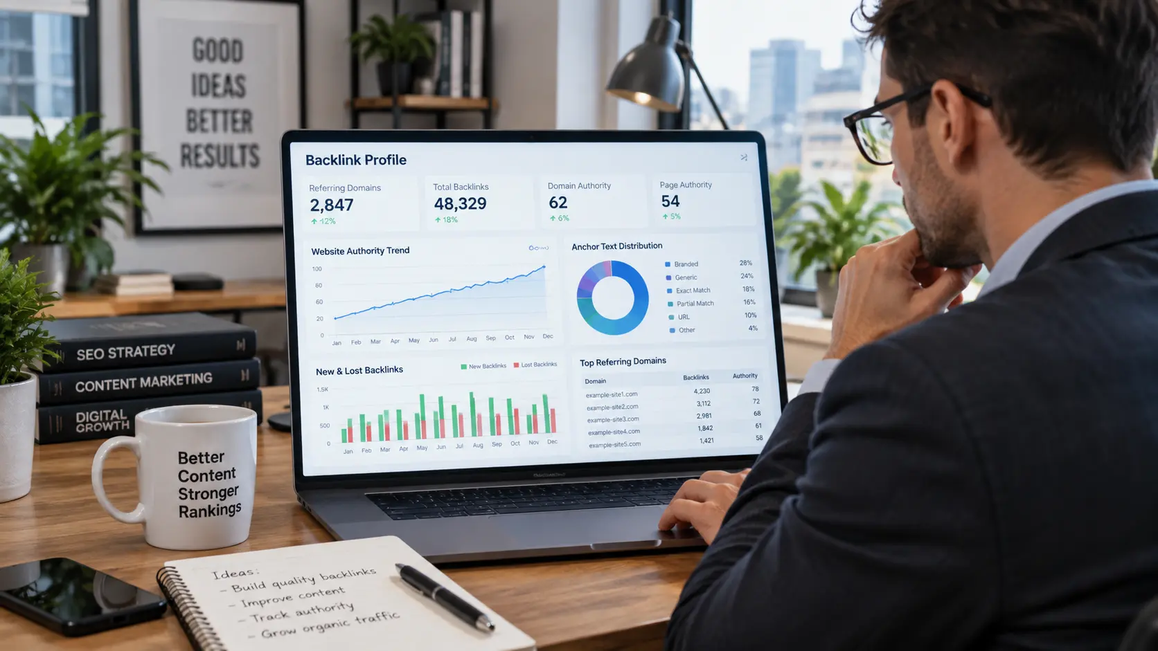 backlink-profile-website-authority-seo | Zen Web Services Business professional reviewing backlinks and website authority for SEO