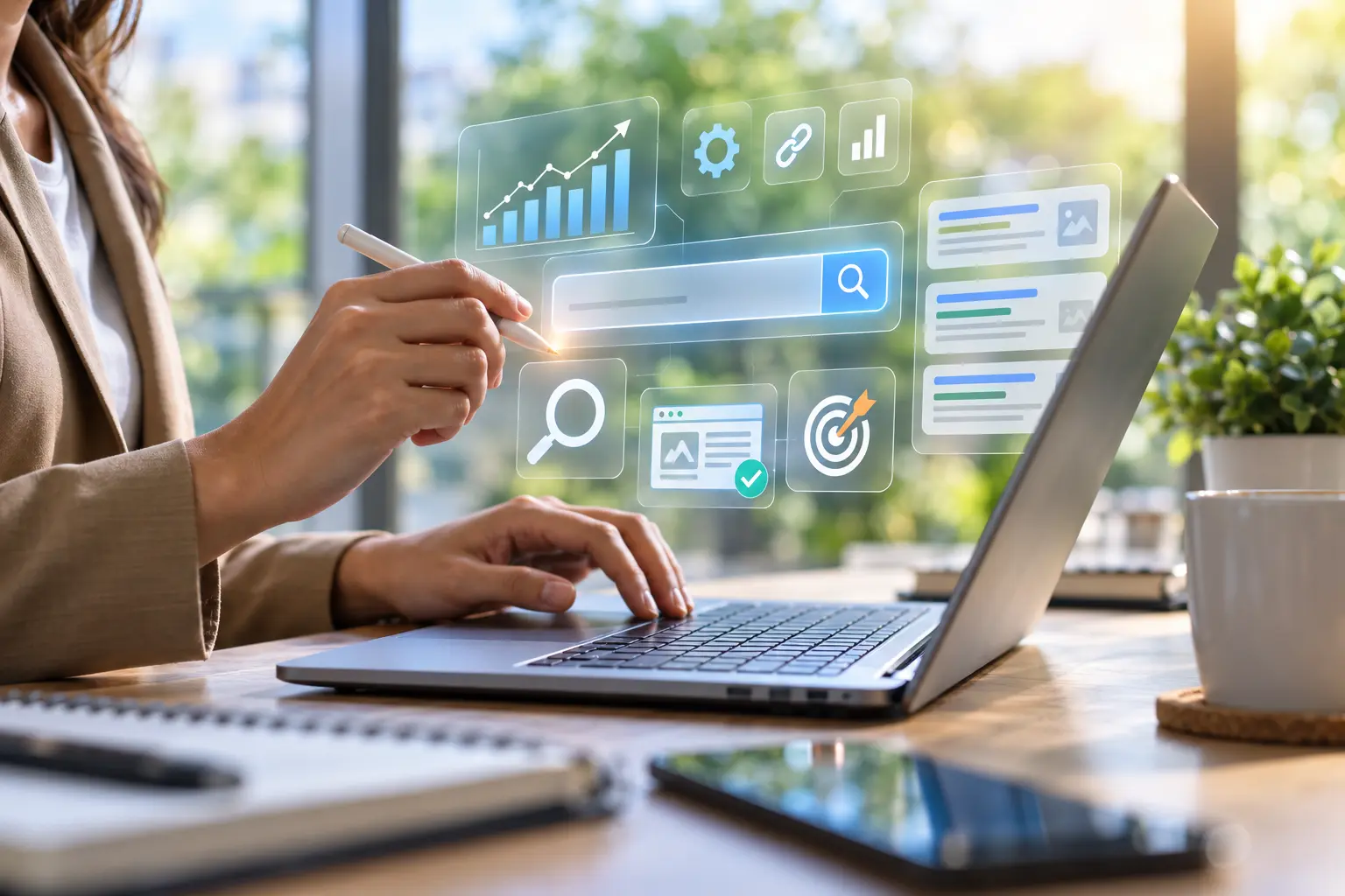 search-engine-optimization-analytics | Zen Web Services Business professional reviewing website SEO problems and search rankings